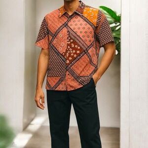 RAGA Man Boho Artsy Festival Bold Ikat Viscose Patchwork Shirt Medium